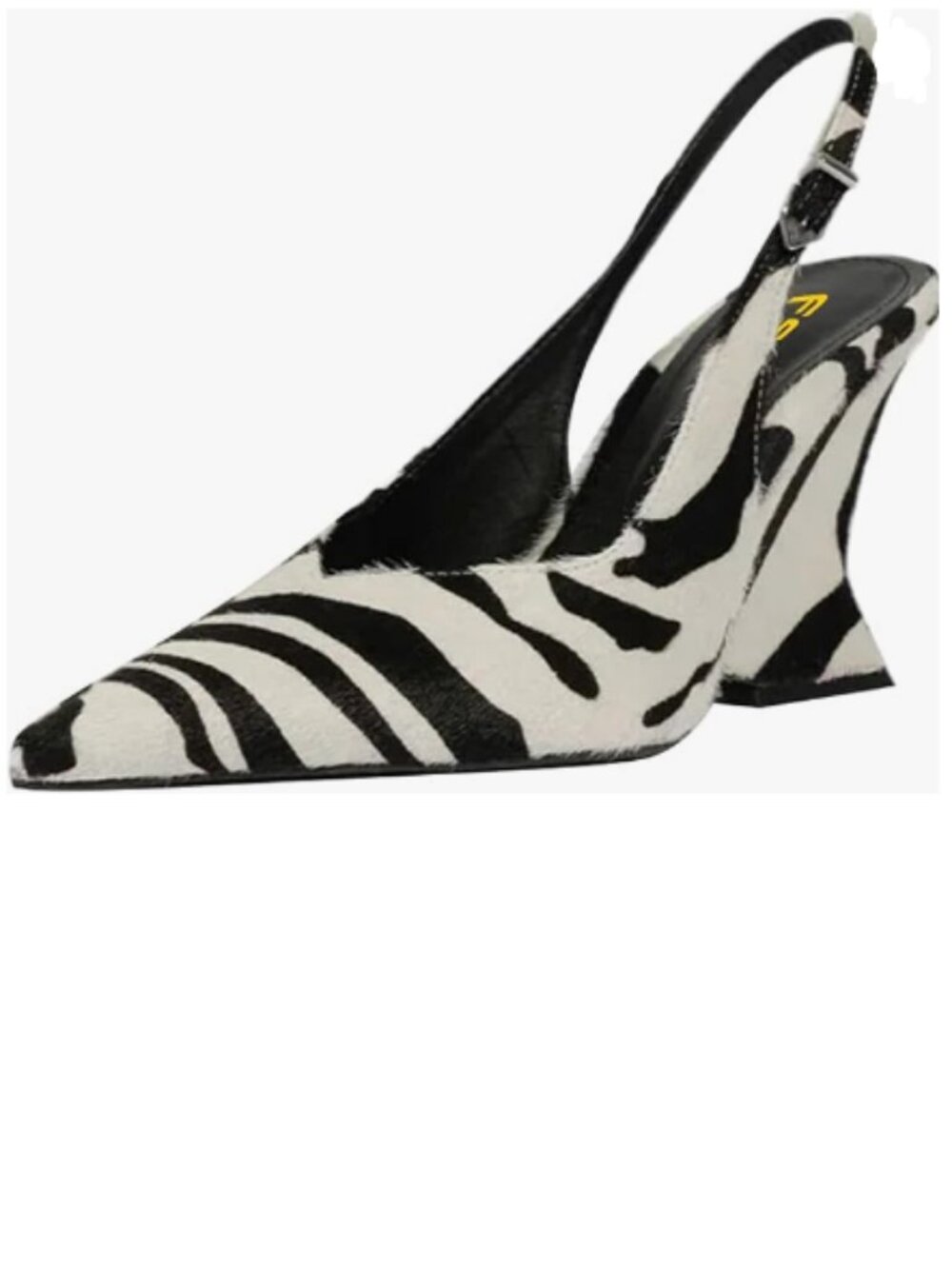 FSJ White and Black Zebra Faux Fur Pointed Toe Slingback Wedge Heel Pumps